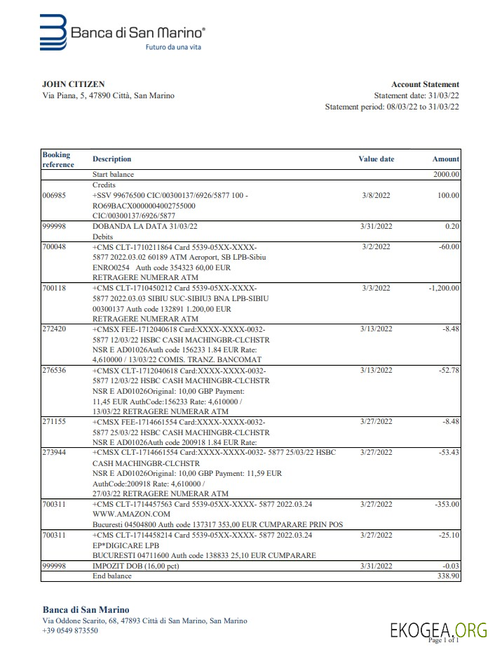Relevé bancaire de la Banca di San Marino de Saint Marin xls